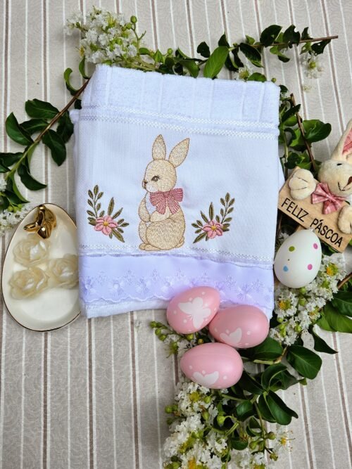 Jogo de Toalhas Rosto e Lavabo Páscoa | Coelhinho Beje e Flores